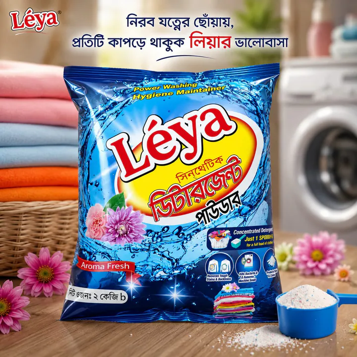 Léya Aroma Fresh detergent pack beside folded laundry, with a Bengali tagline
