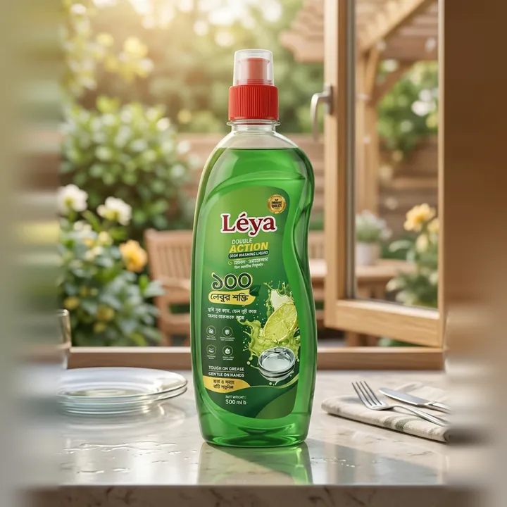 Léya Double Action Dishwashing Liquid bottle on a kitchen counter