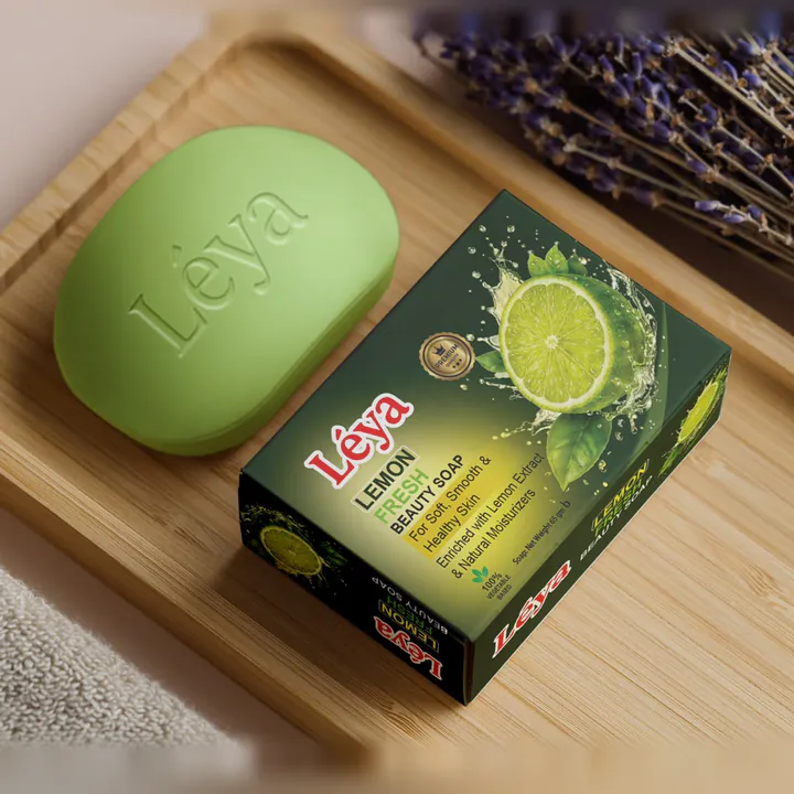 Léya Lemon Fresh Beauty Soap bar and green box on a bamboo tray