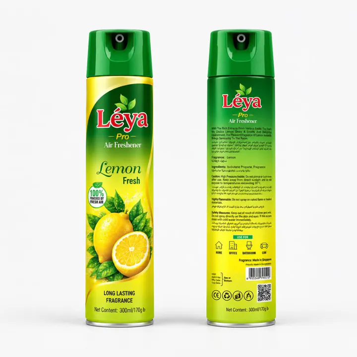 Front and back of Léya Pro Lemon Fresh Air Freshener cans