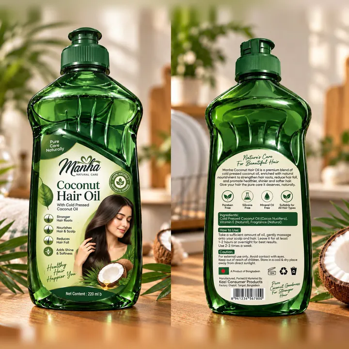 Front and back of Manha Coconut Hair Oil bottle with coconut halves
