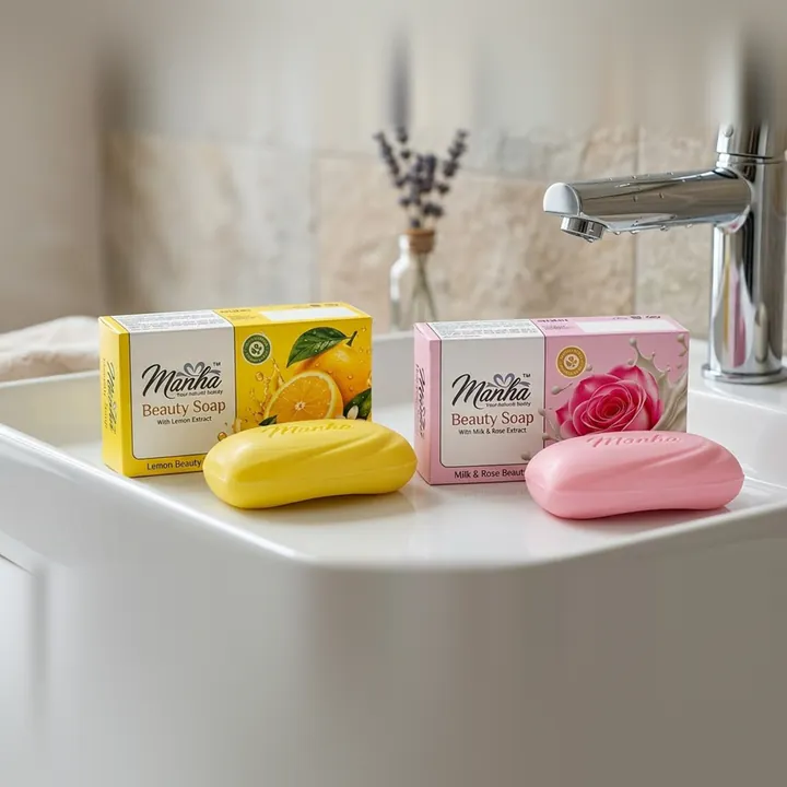 Manha lemon and rose beauty soaps beside a bathroom sink