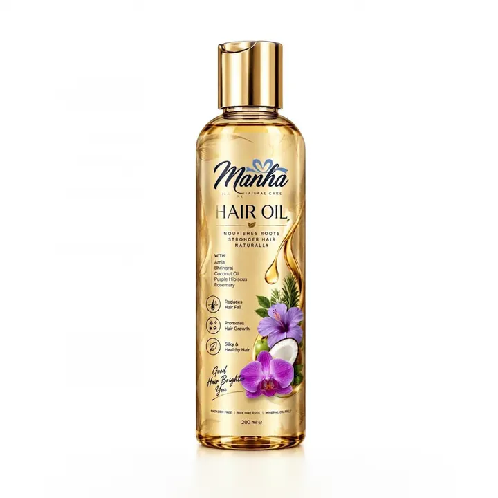 Manha Hair Oil gold bottle with hibiscus and orchid illustration
