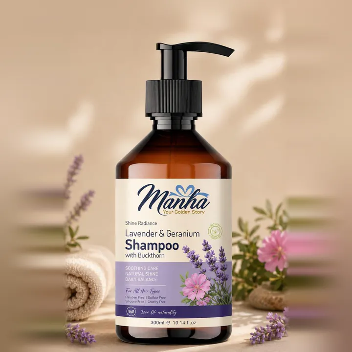 Manha Lavender and Geranium Shampoo pump bottle with lavender sprigs
