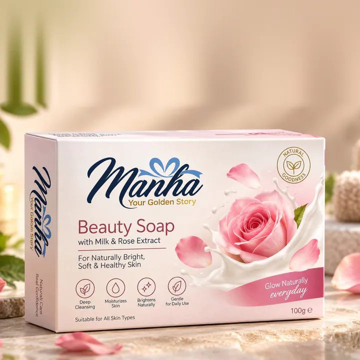 Manha Beauty Soap with Milk and Rose Extract box among rose petals