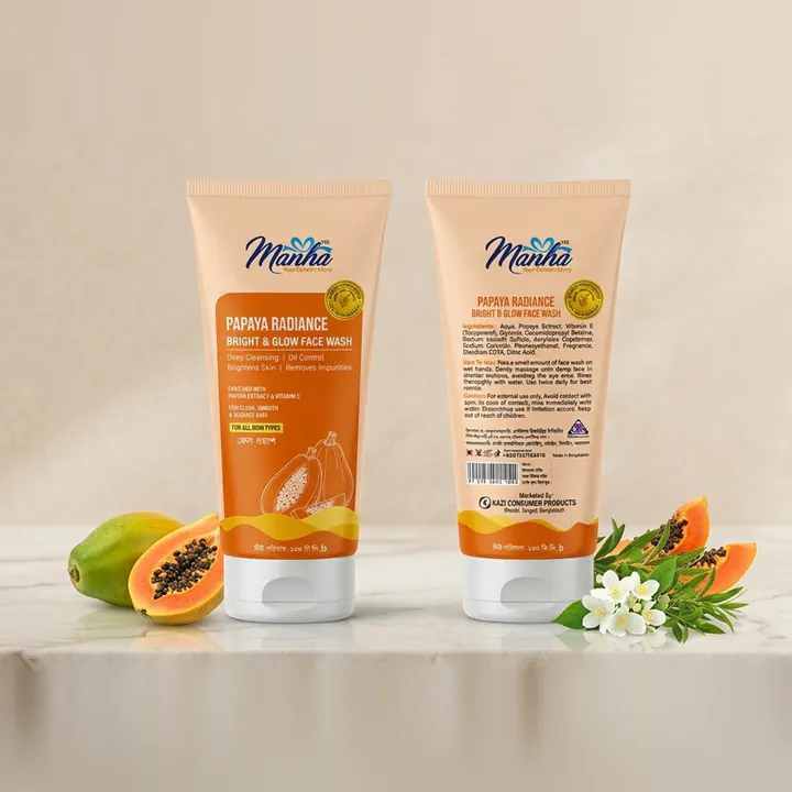 Front and back of Manha Papaya Radiance Bright and Glow Face Wash tubes with fresh papaya