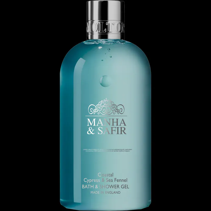 Manha & Safir Coastal Cypress and Sea Fennel Bath and Shower Gel bottle on black